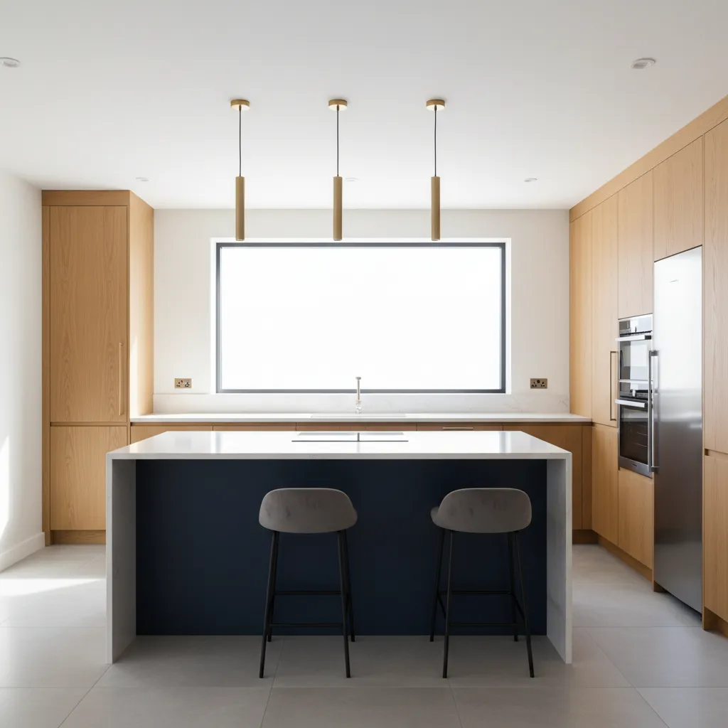 Cocina moderna con isla azul y encimera blanca