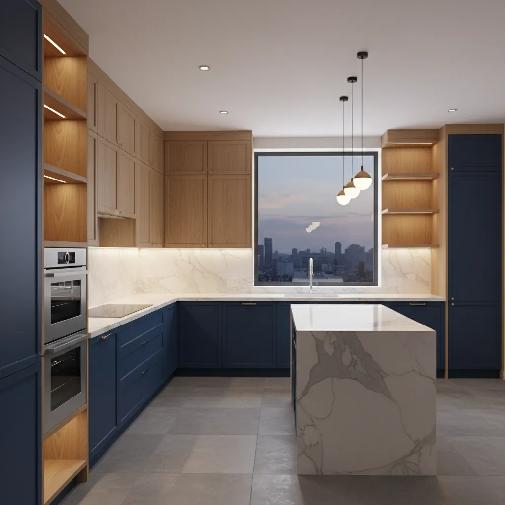 Cocina azul moderna combinada con madera clara