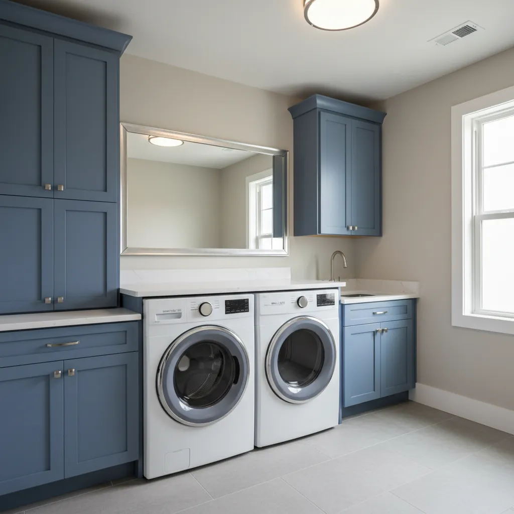 Laundry room with blue cabinets and balanced ambient lighting