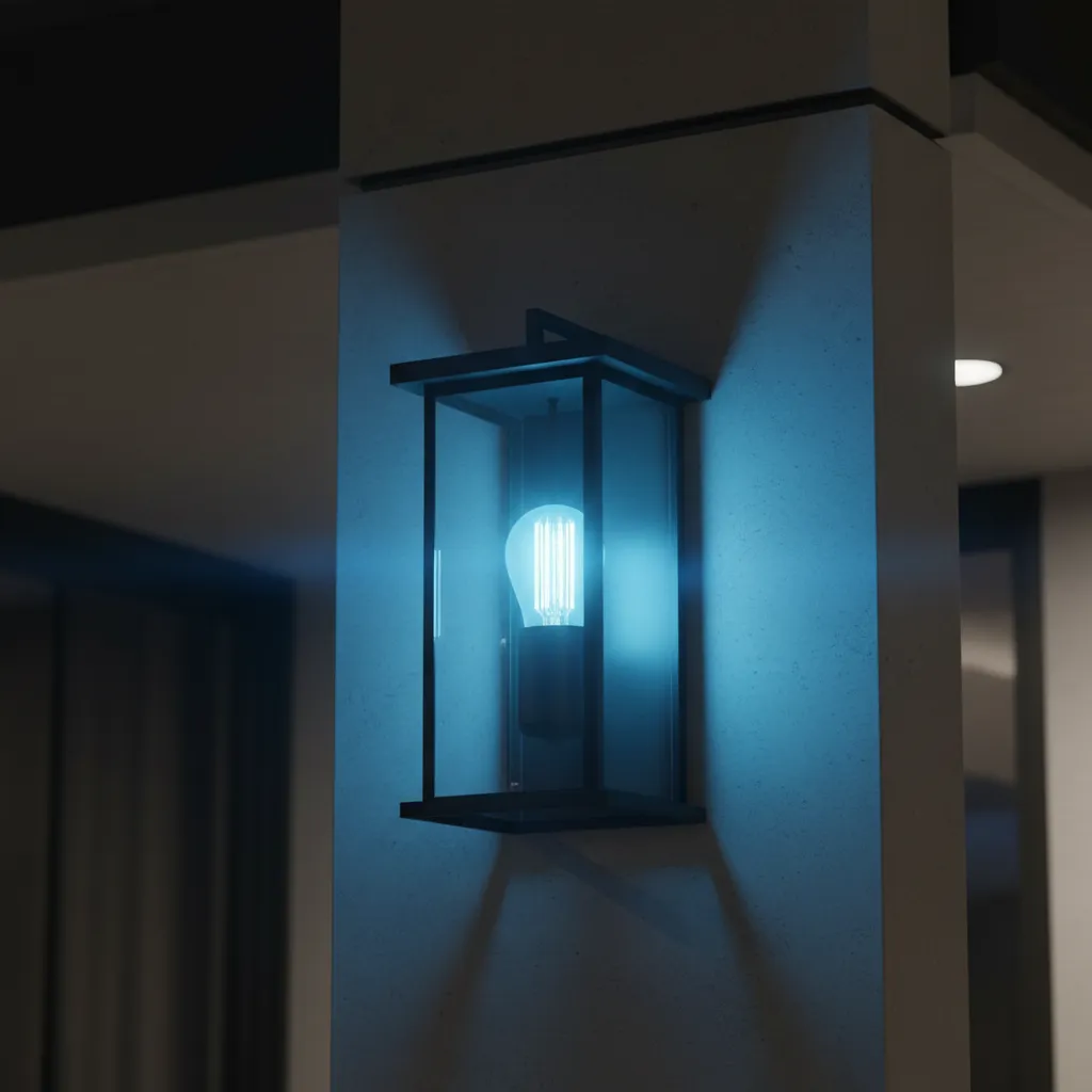 Close view of blue LED porch bulb lighting an outdoor entry fixture