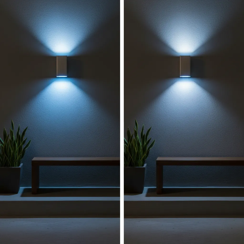 comparison of blue LED porch light and incandescent bulb brightness