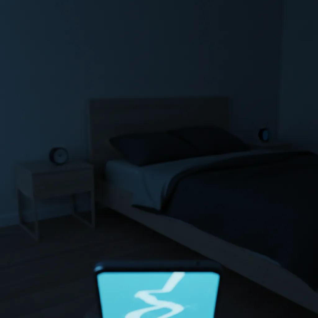 Bright blue phone screen illuminating a dark bedroom at night