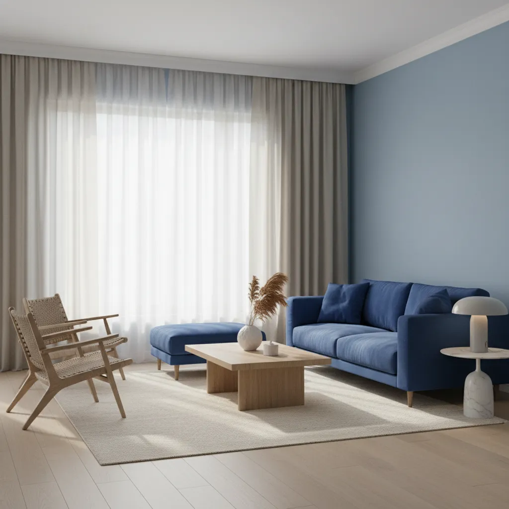 Blue living room with neutral curtains and natural light