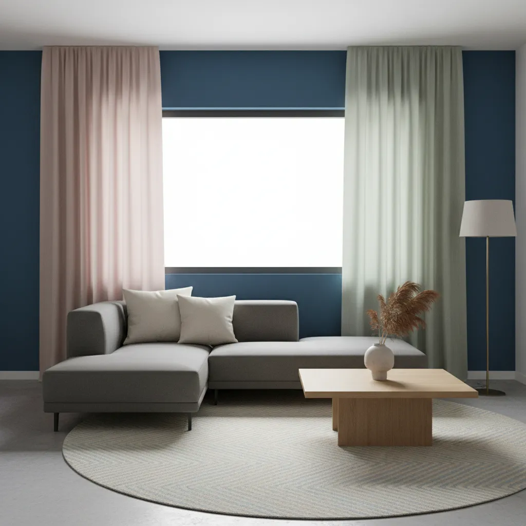 Blue living room with curtains that visually clash with the wall color