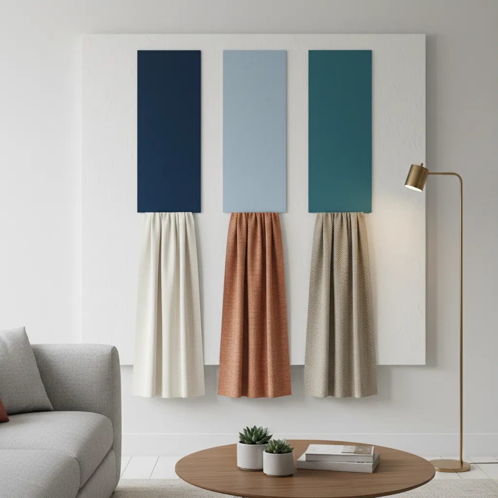 Interior color palette showing curtain pairings for navy sky blue and teal rooms