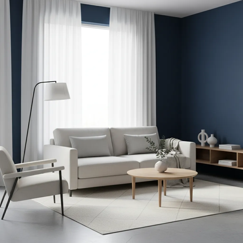 Blue living room with soft white curtains reflecting natural light