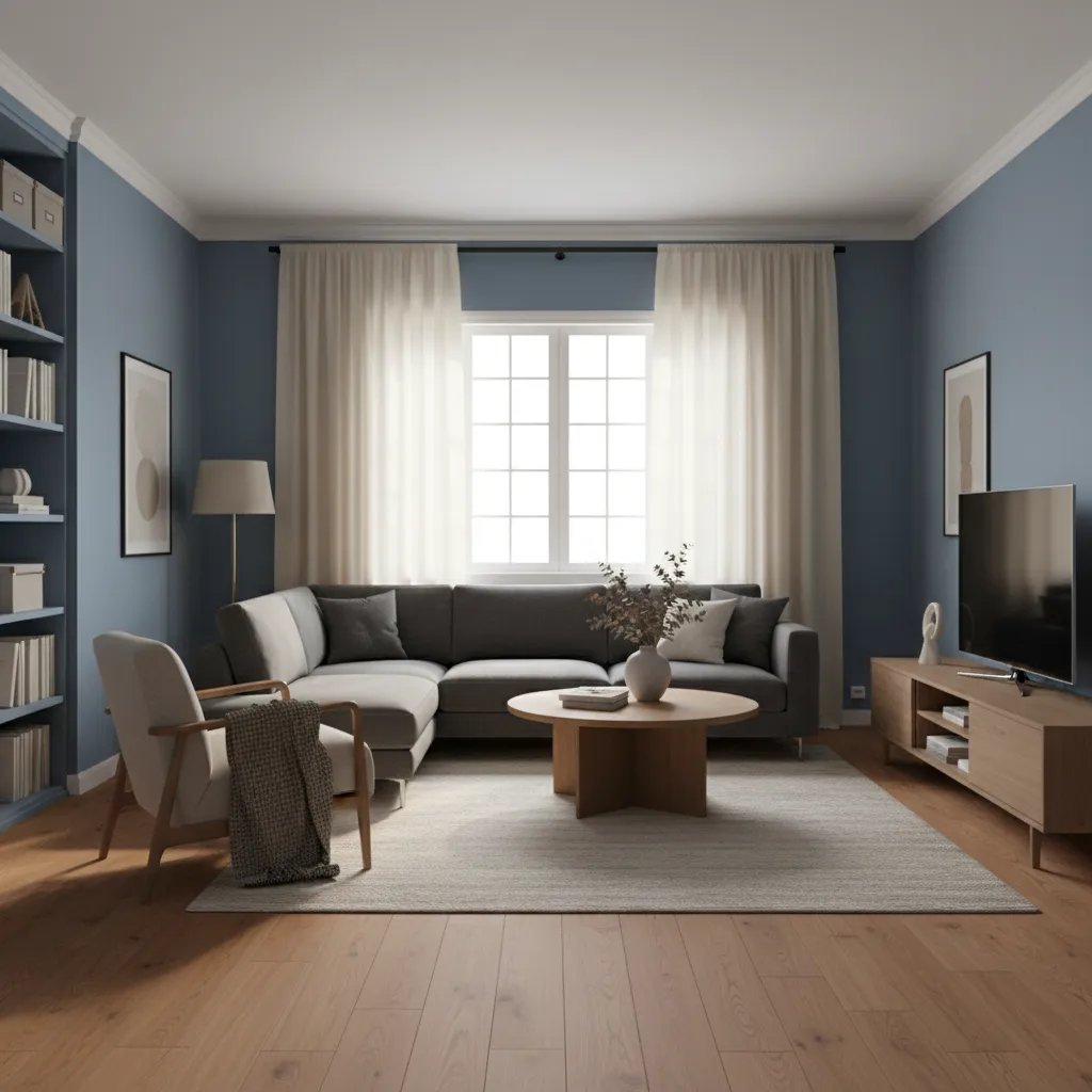 Blue living room with light neutral curtains and modern sofa layout