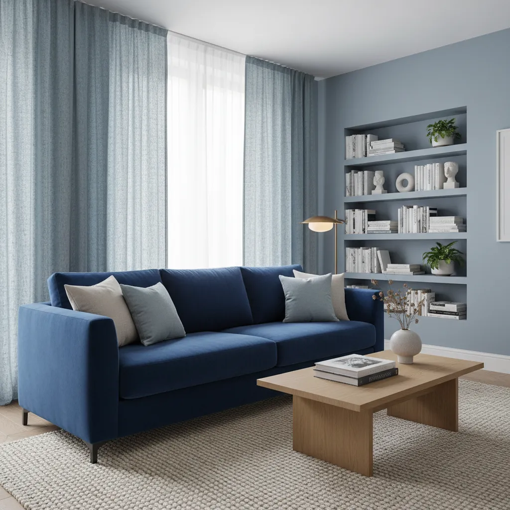 Blue living room featuring textured linen curtains