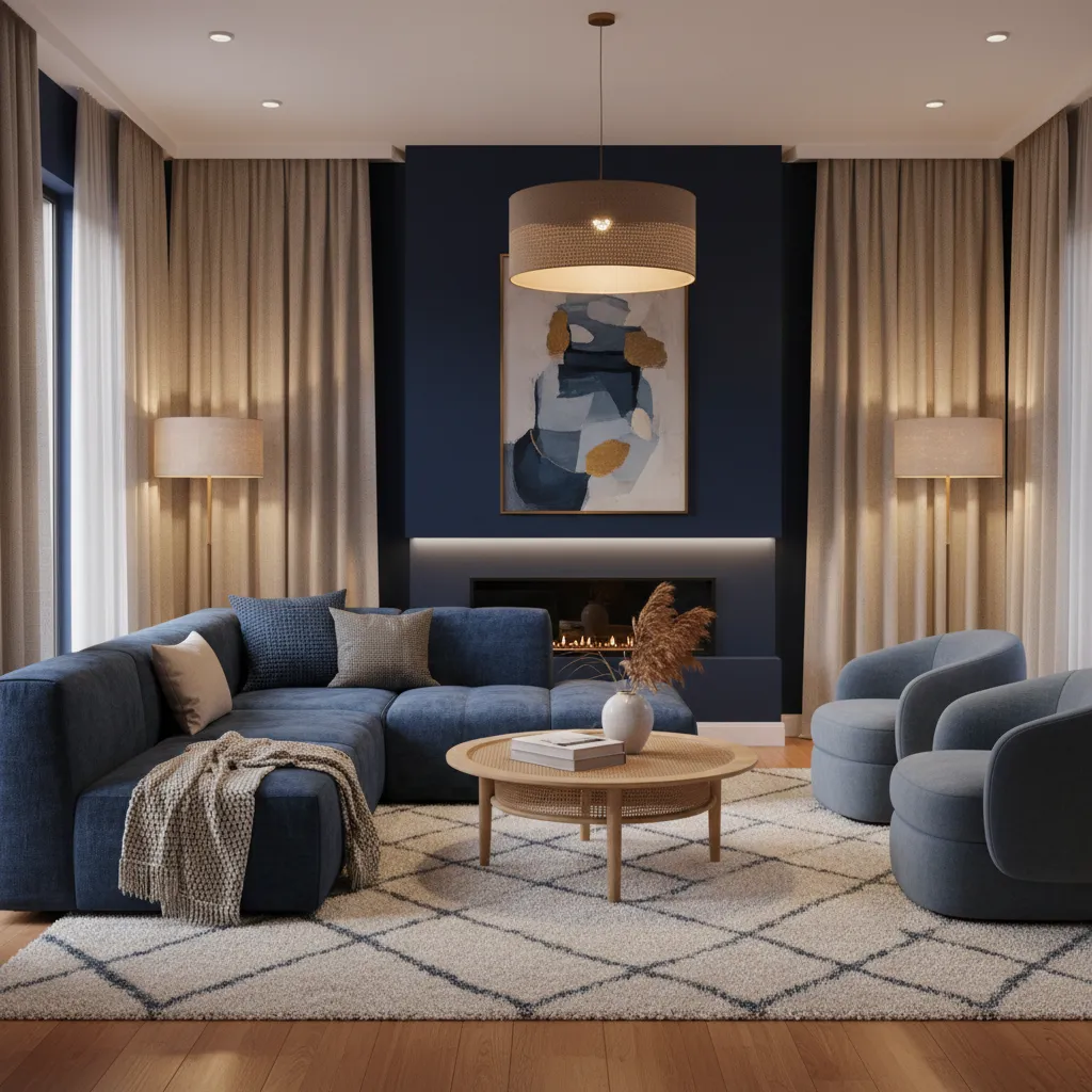 Blue living room with warm beige curtains creating cozy atmosphere