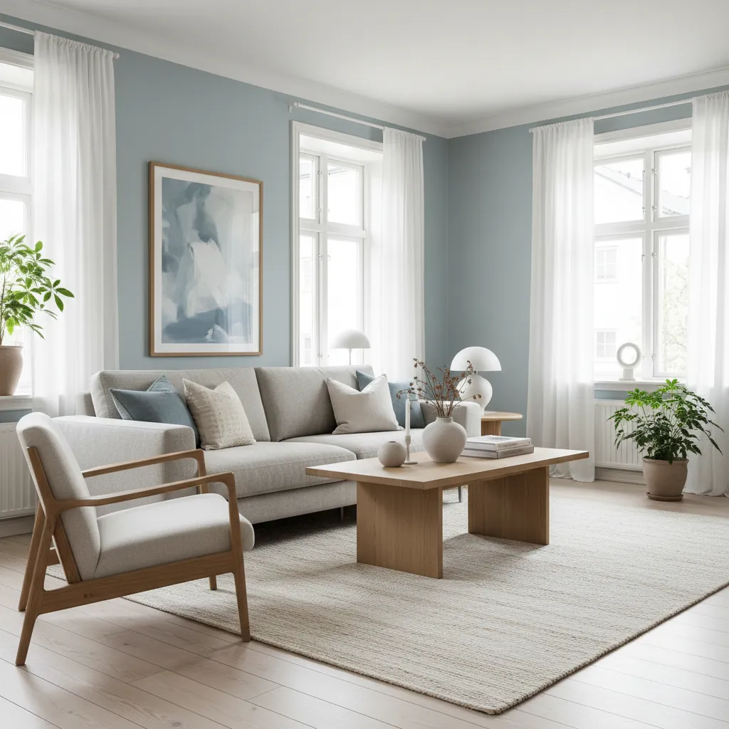 Bright living room with blue walls and white curtains