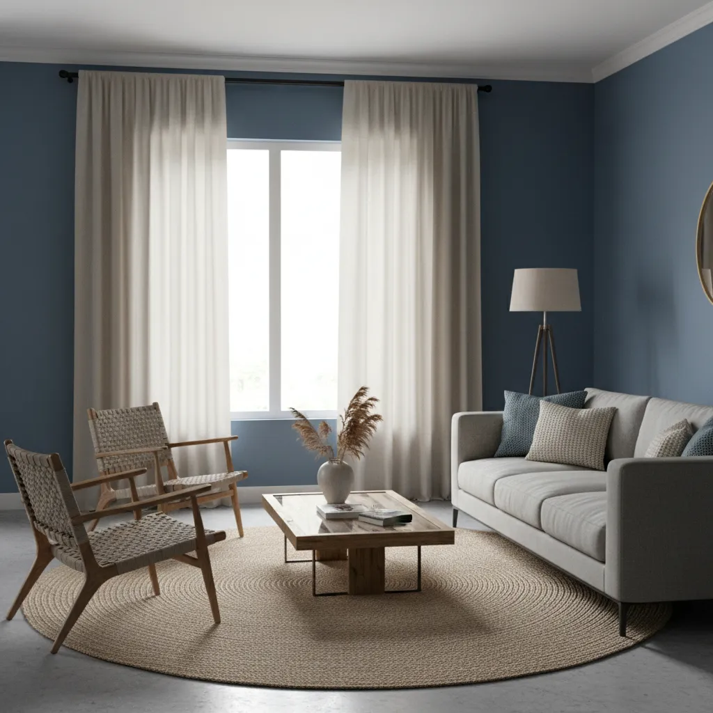Blue living room with large window and neutral curtains