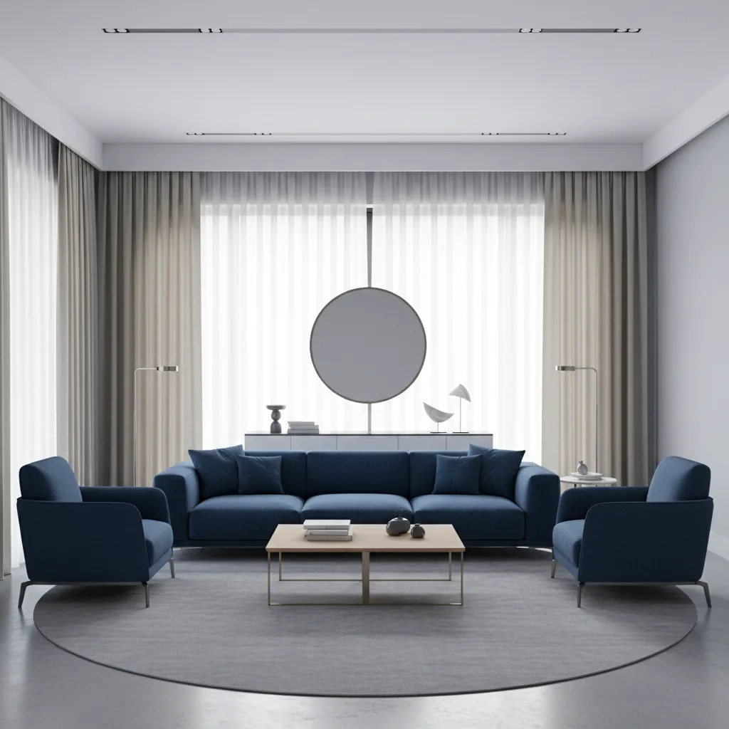 Blue living room layout showing window placement and curtain balance