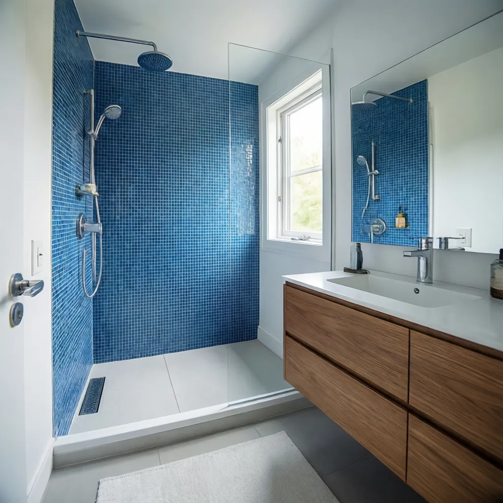 small bathroom with blue mosaic accent wall and light neutral surfaces