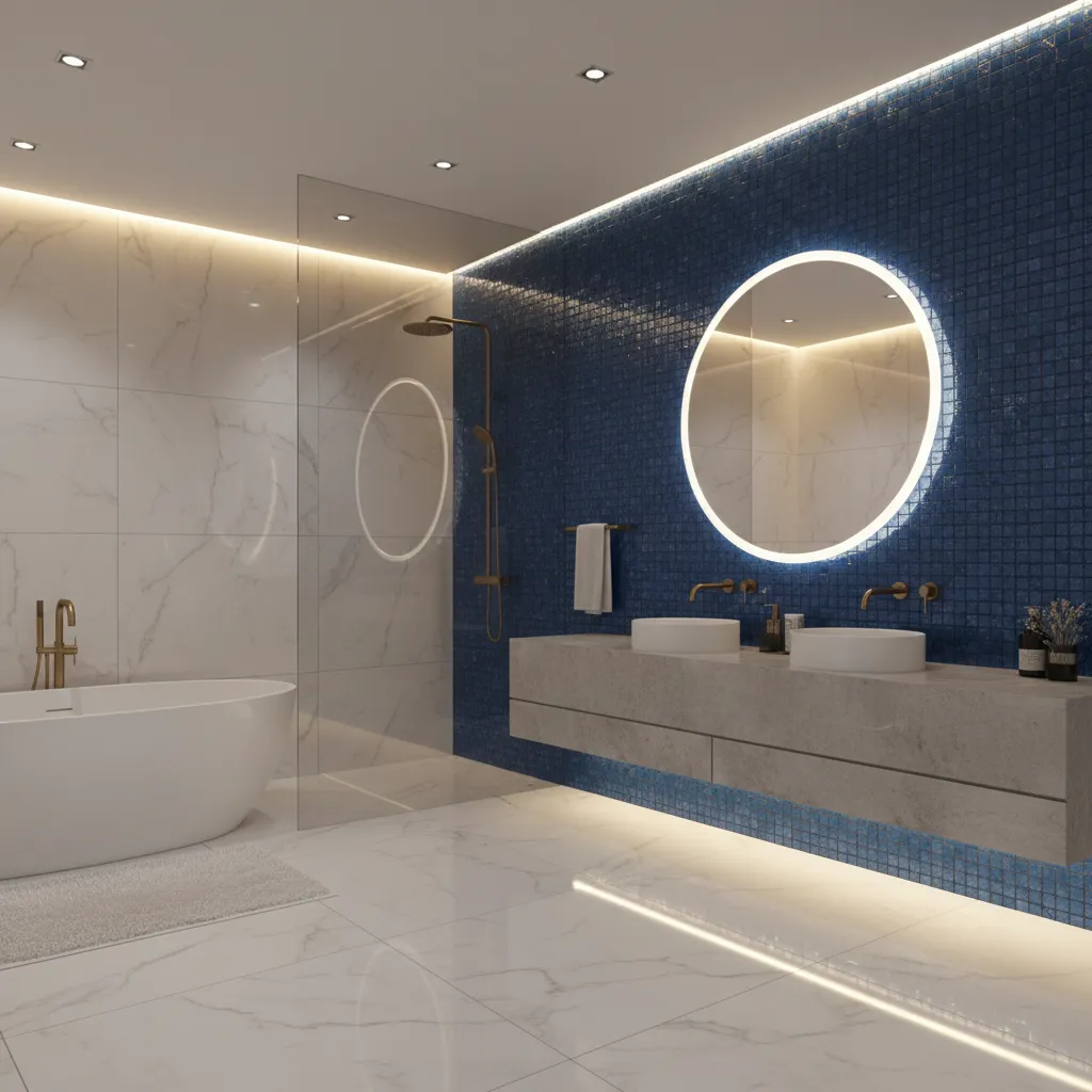Luxury bathroom with blue mosaic tiles illuminated by warm LED lighting