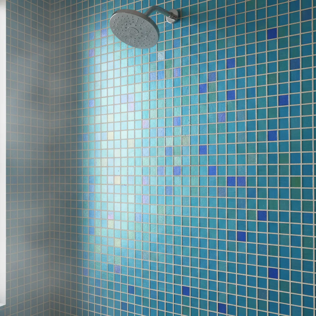 blue mosaic tile shower wall with grout lines
