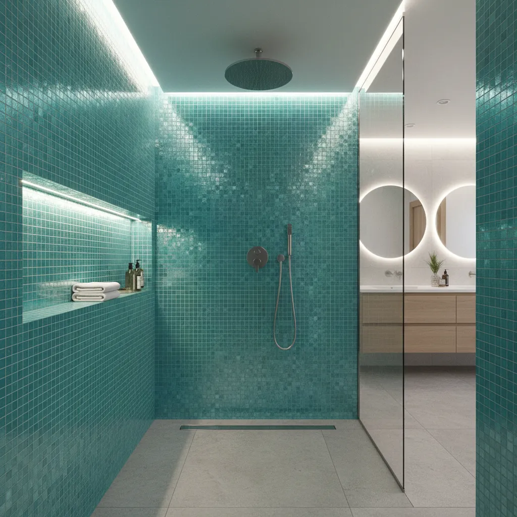 Walk-in shower with turquoise mosaic tiles and built-in niche