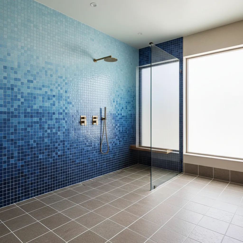 Modern shower interior with blue mosaic tile wall and waterproof bathroom design