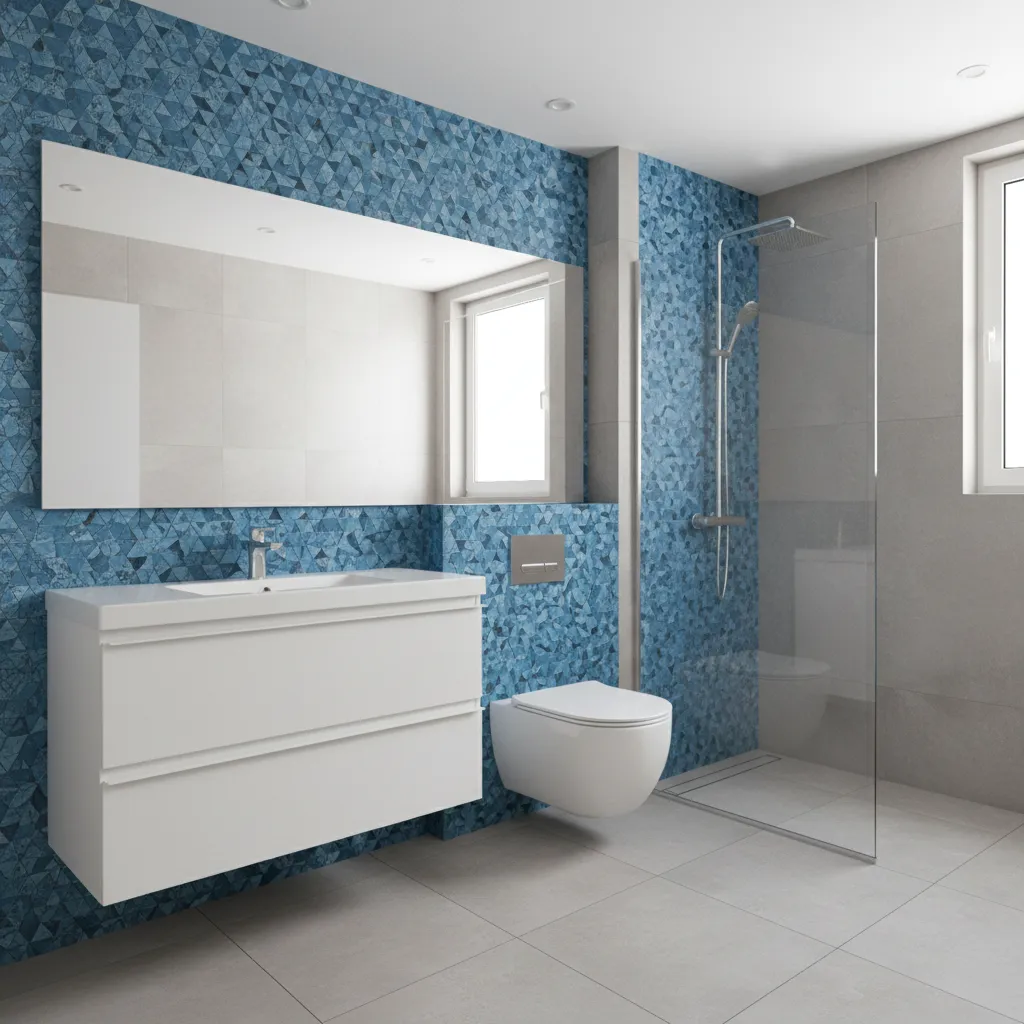compact bathroom with blue mosaic tile wall and bright lighting
