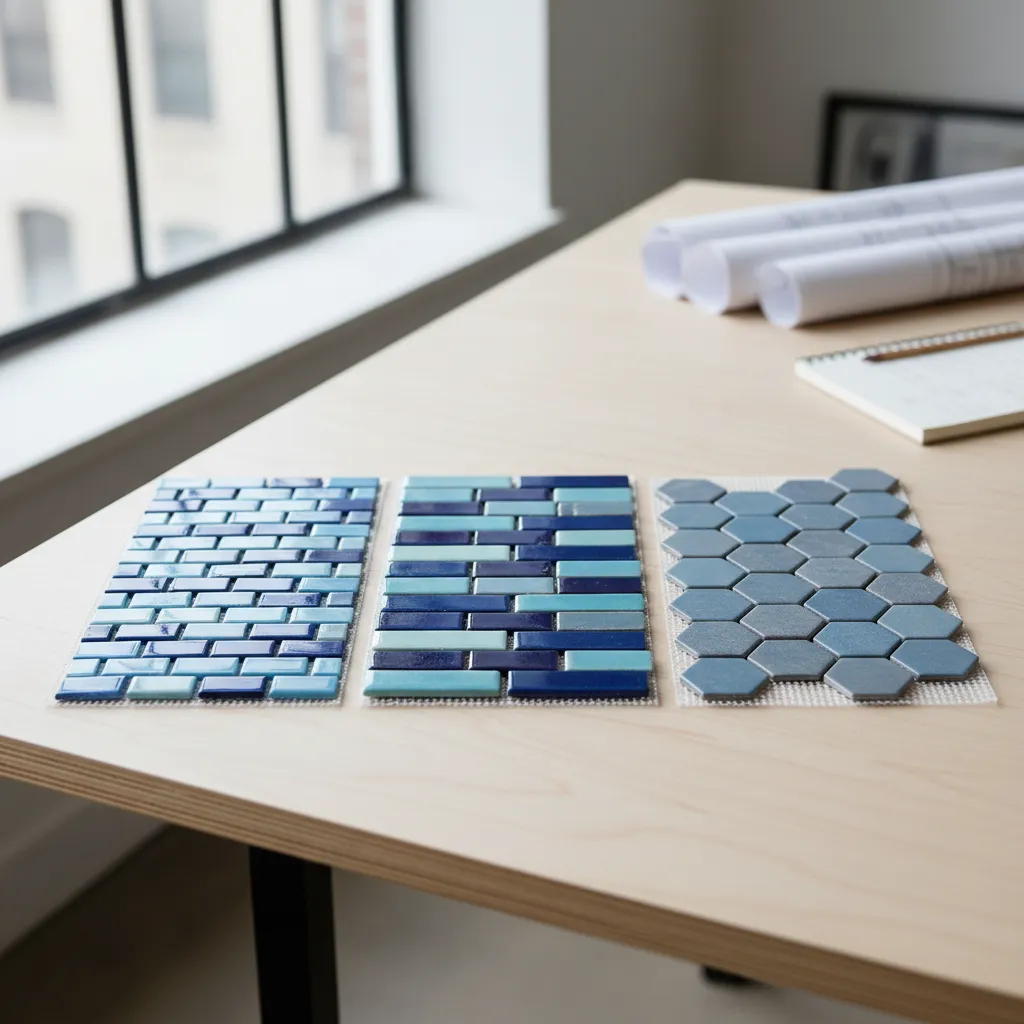 Glass, ceramic and porcelain blue mosaic tile samples displayed for comparison