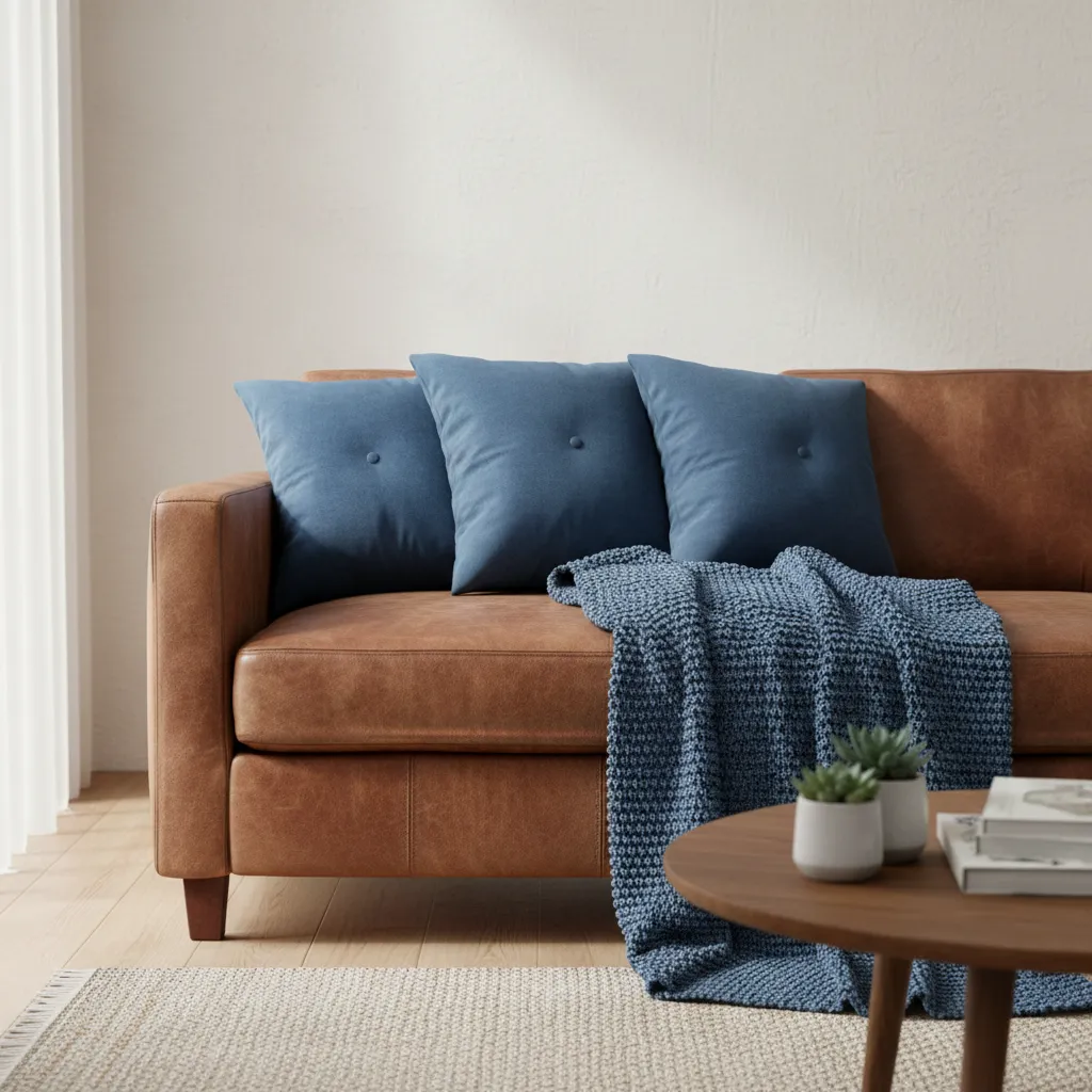 Brown sofa styled with blue pillows and throw blanket