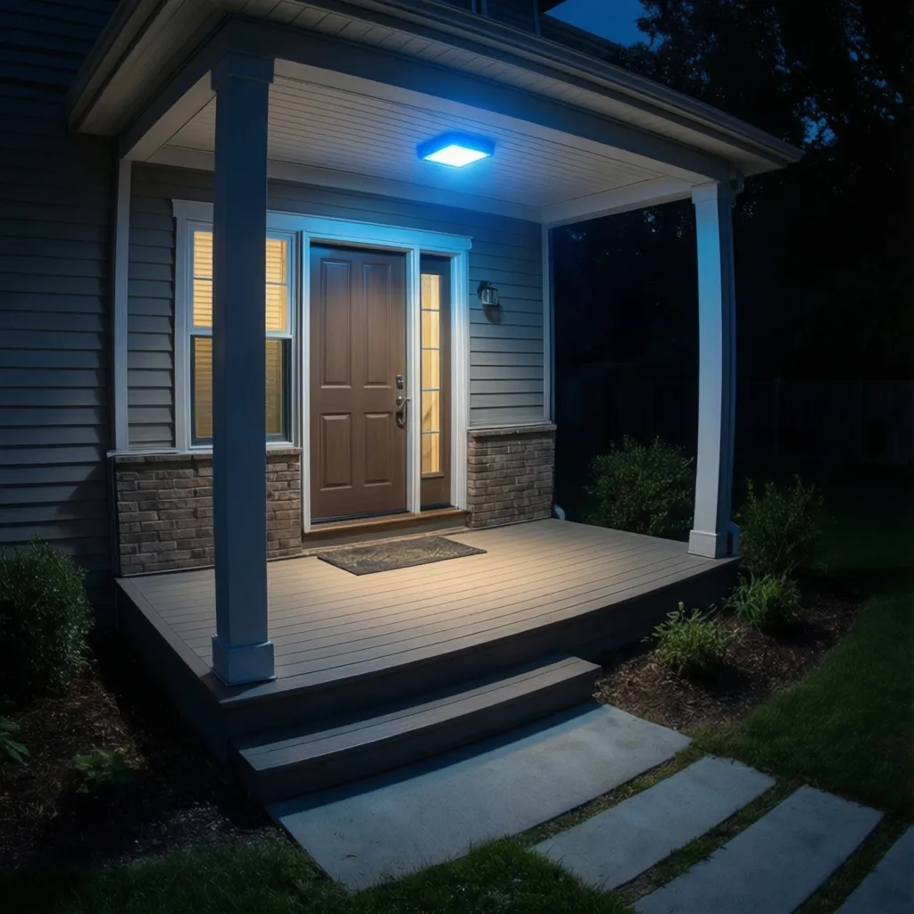 blue porch light illuminating door lock area and small porch walkway