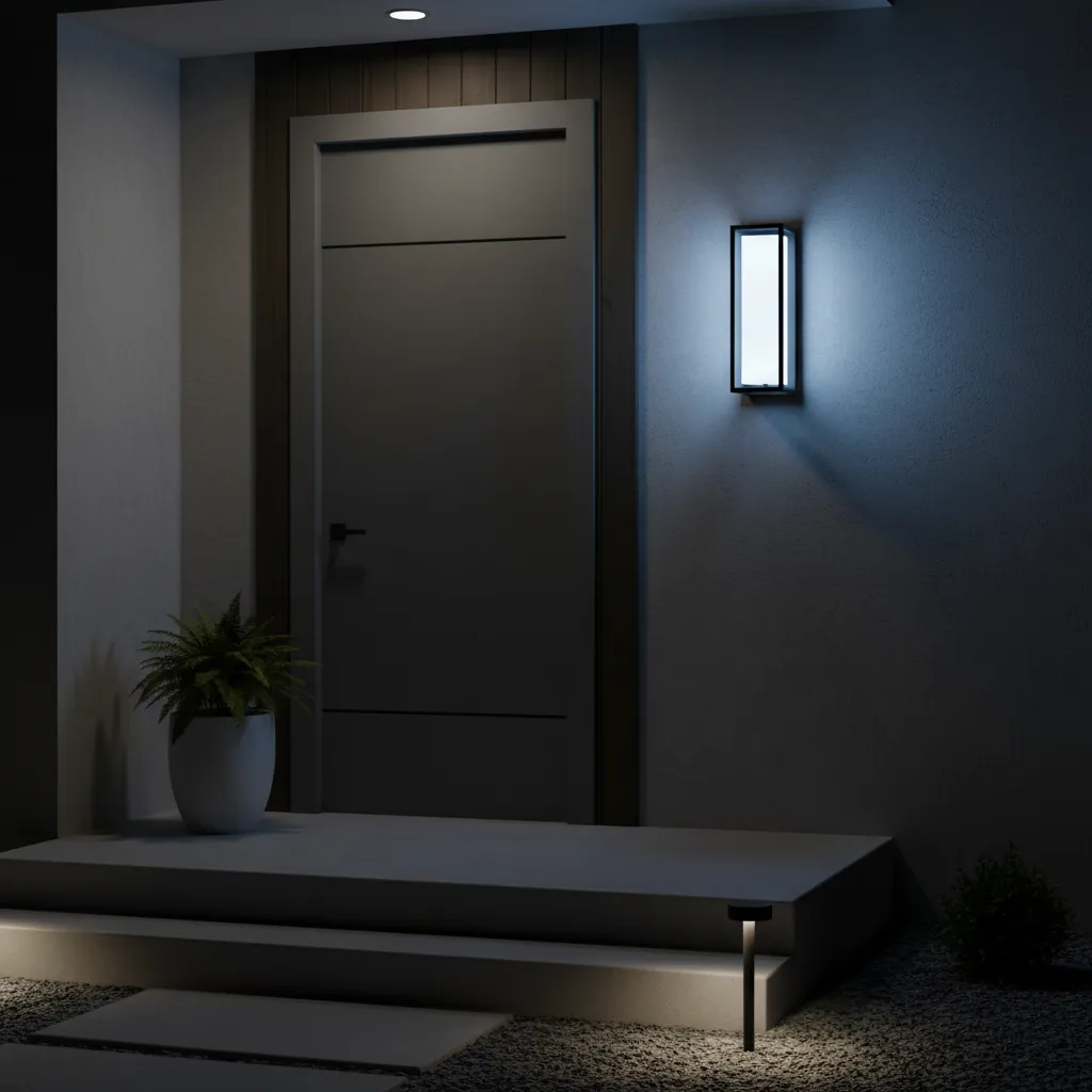 blue porch light softly illuminating residential entry door at night