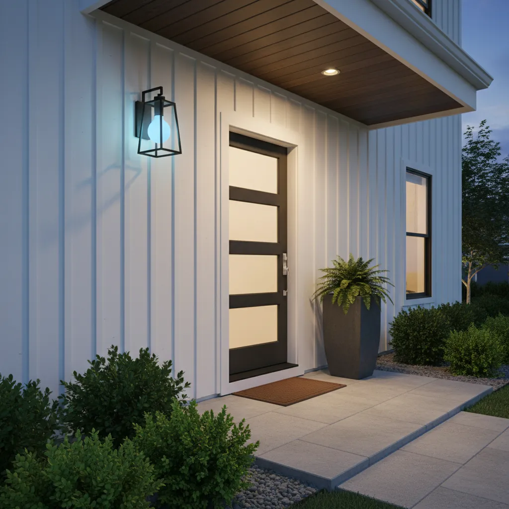 front porch with a glowing blue light bulb on a residential home