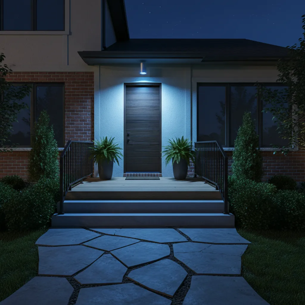 Front porch with a bright blue porch light illuminating a home entrance at night