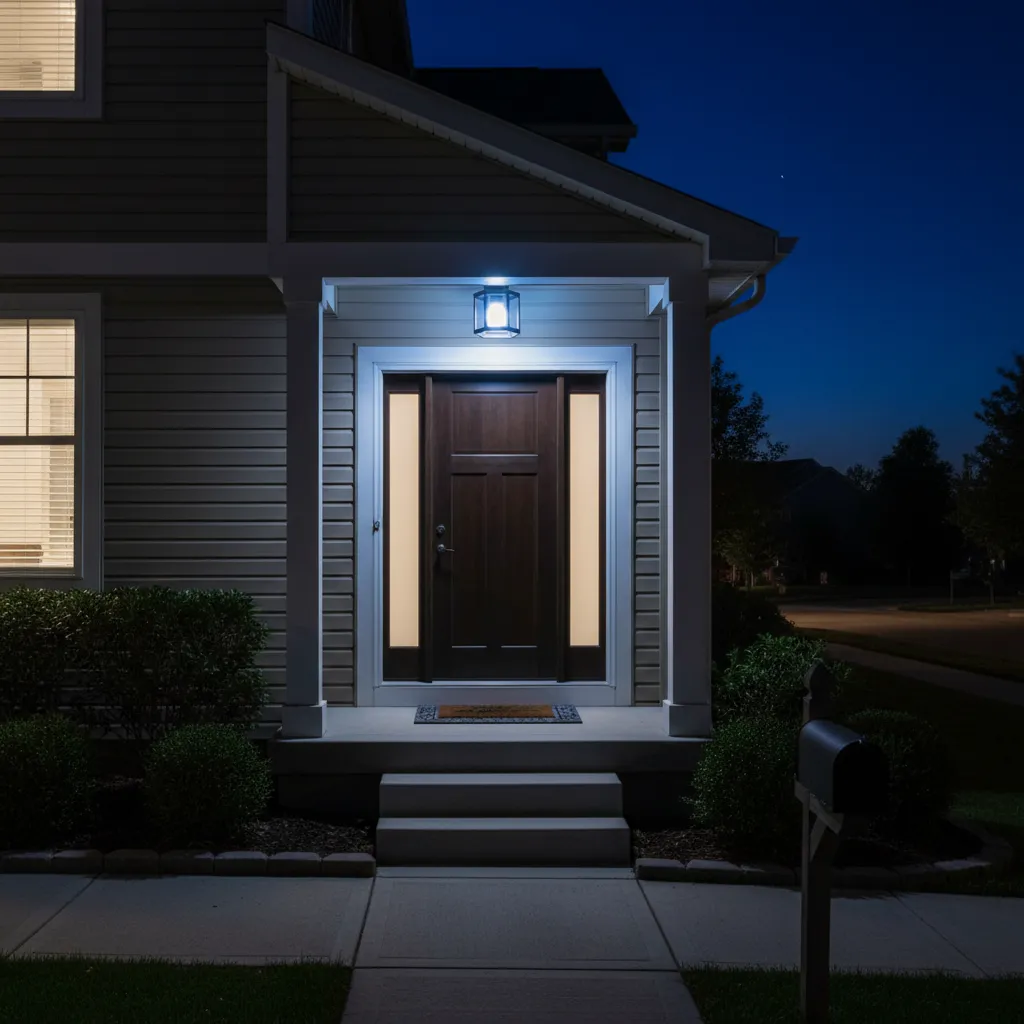House entrance illuminated by a blue porch light at night