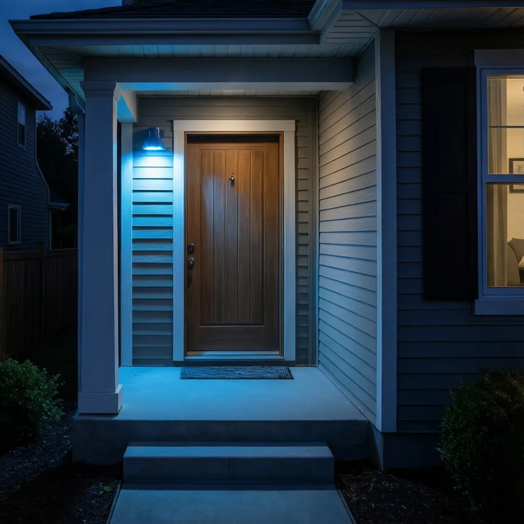 House exterior at night with blue porch light above front door