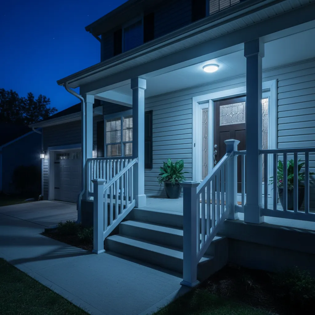 Front porch illuminated by blue porch light at night