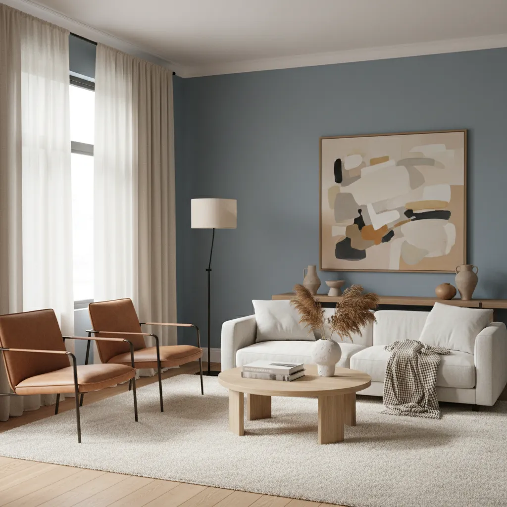 Blue living room showing layered neutral curtain color palette