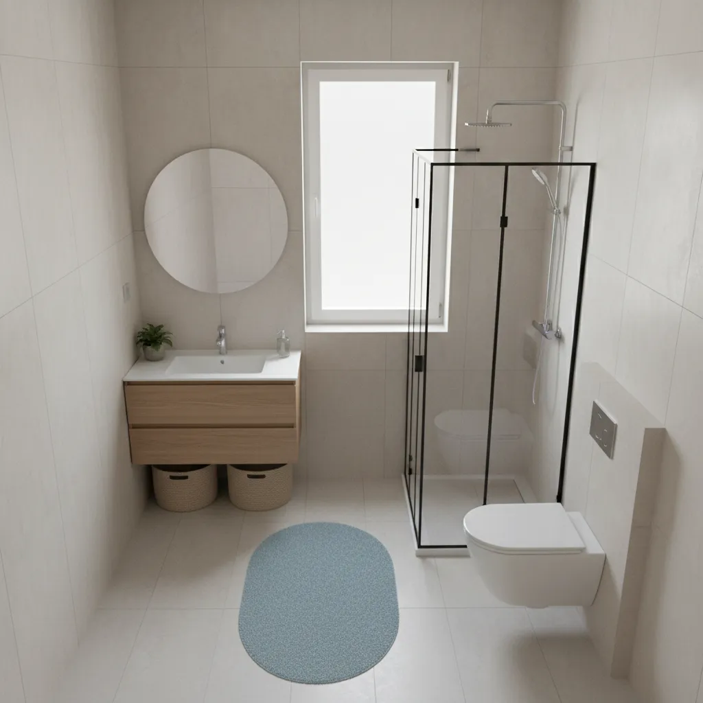 Top angle layout showing blue rug placement in a compact bathroom