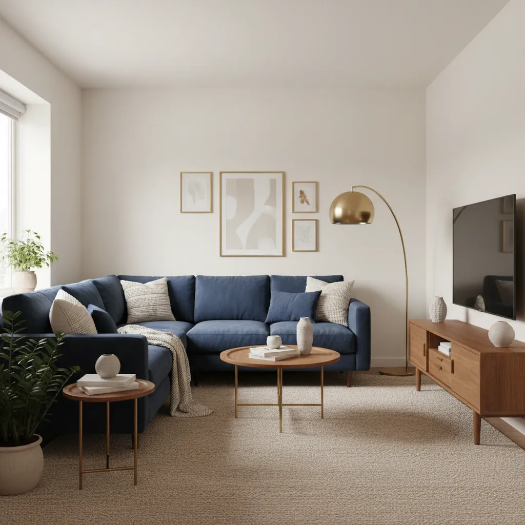 Blue sofa paired with warm wood and neutral tones