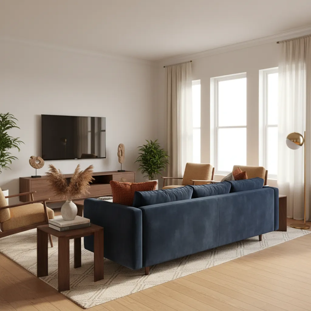 Blue sofa living room styled with cream, rust, and wood tones