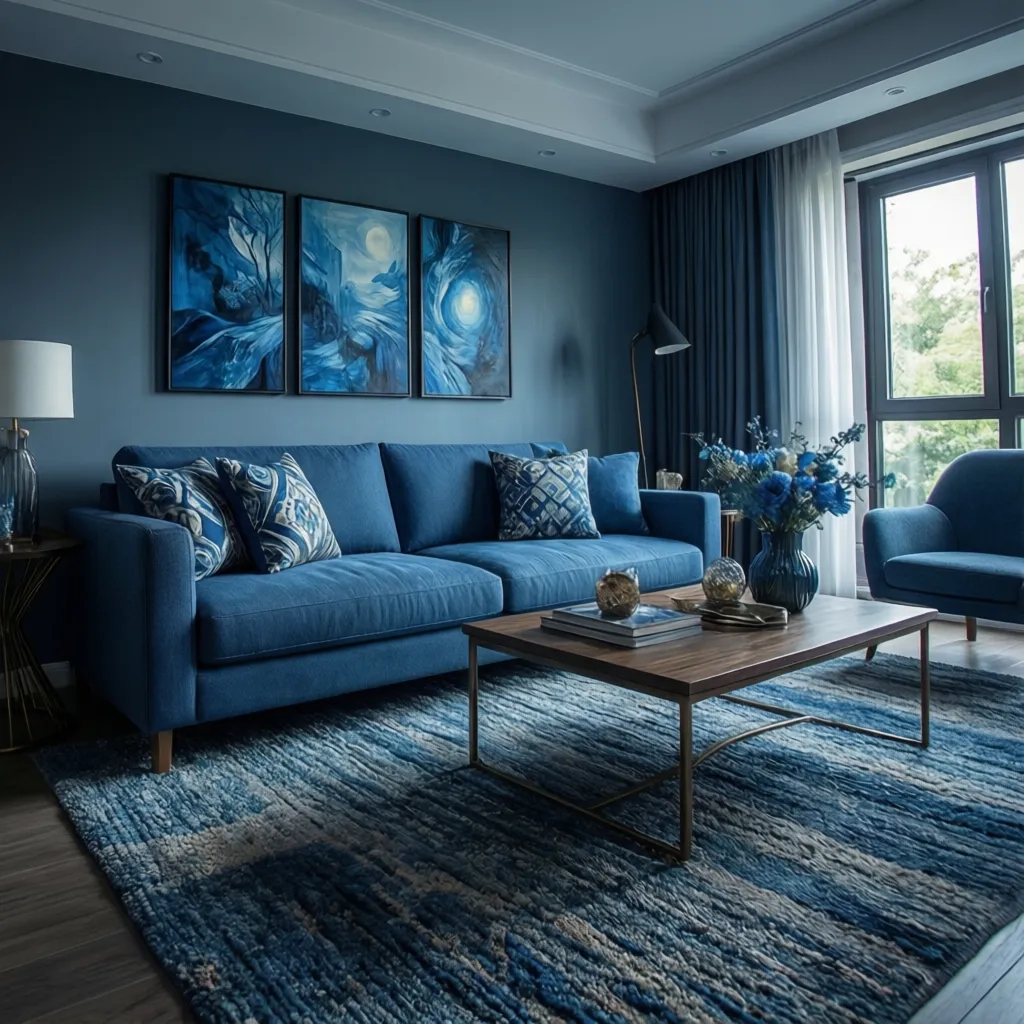 Blue sofa styled with pillows artwork and textured rug
