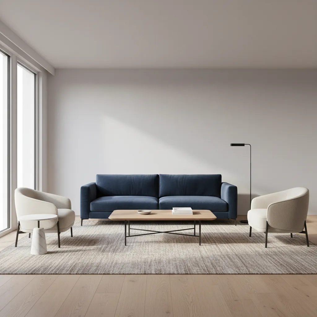 Living room layout with blue sofa and accent chairs