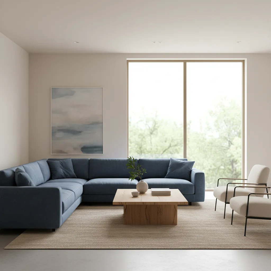 Modern living room featuring blue sofa with neutral decor