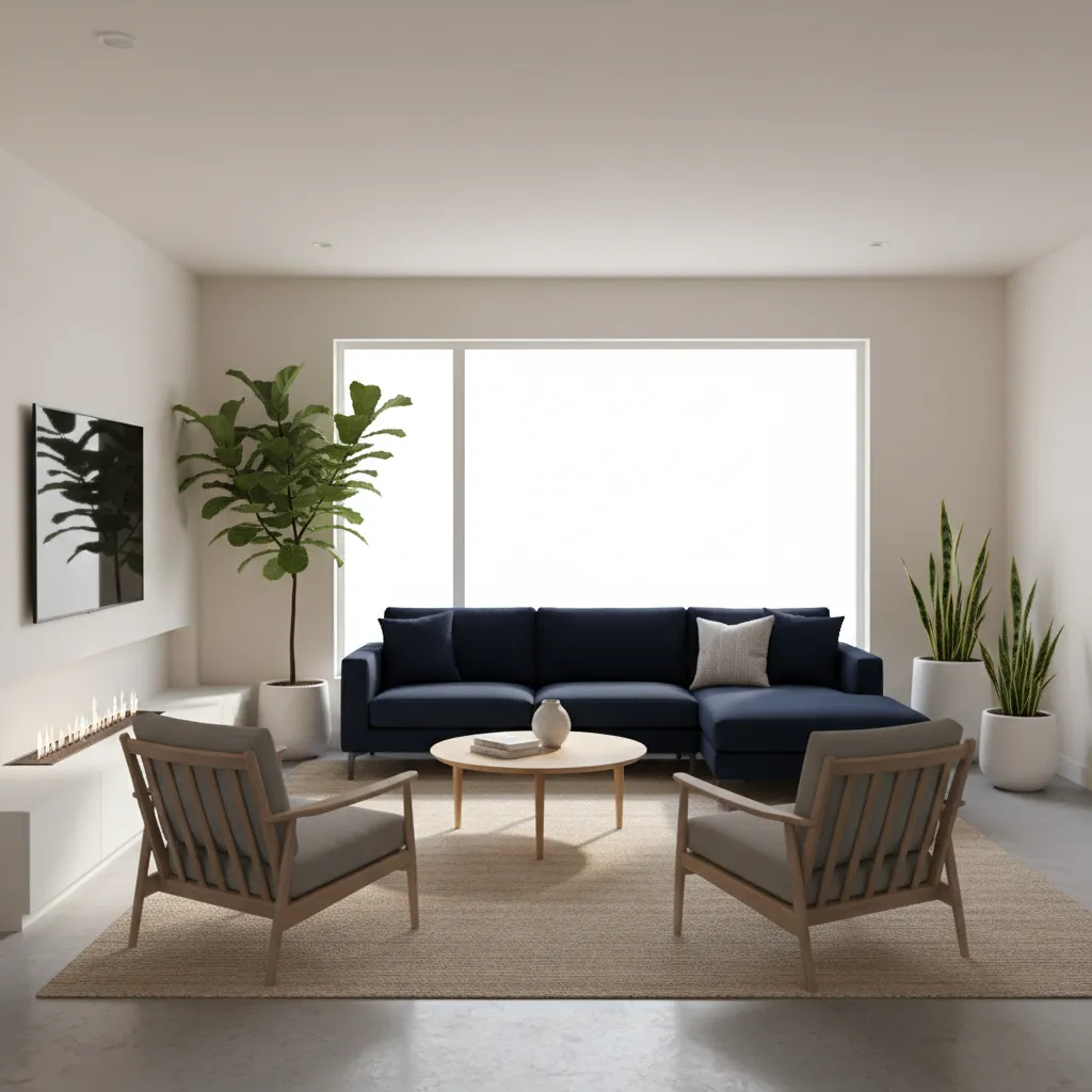 Stylish living room featuring a navy blue sofa with neutral decor