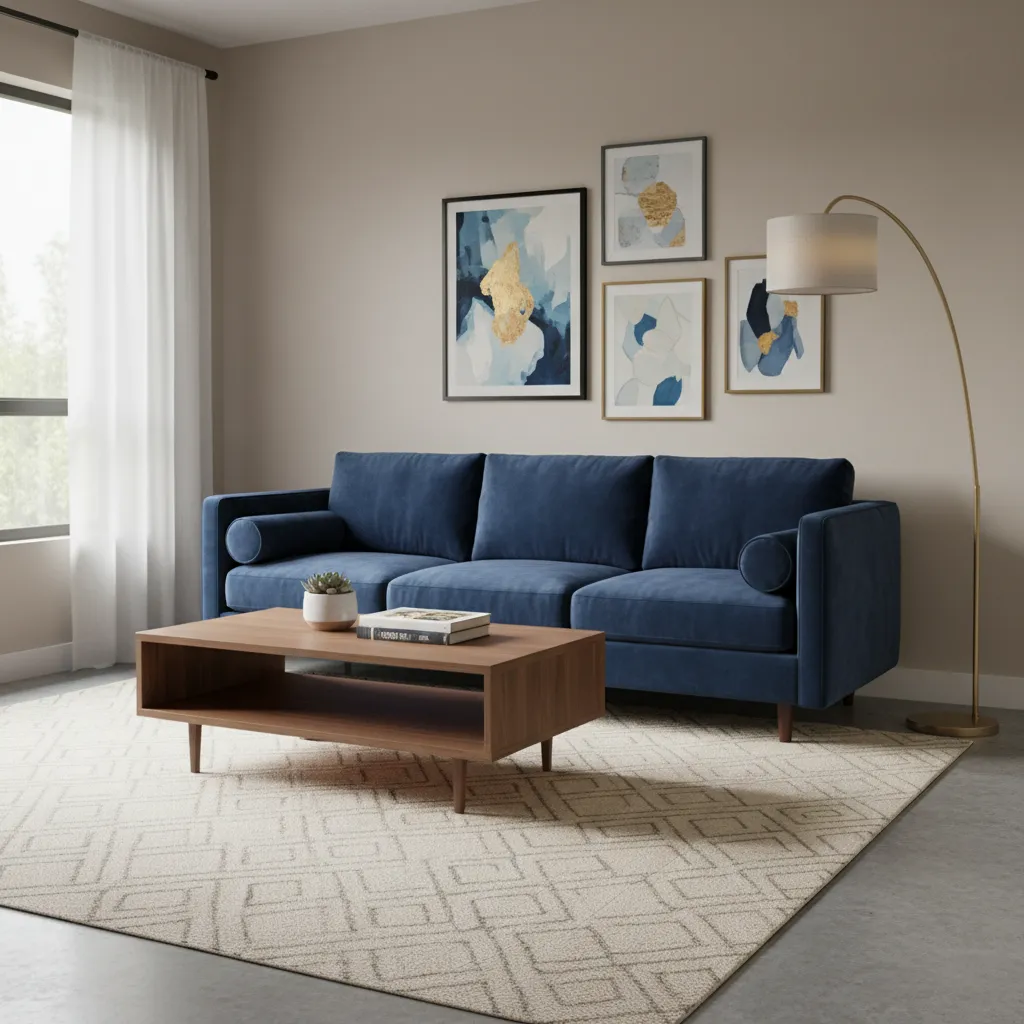 Blue sofa paired with warm wood coffee table and brass lighting