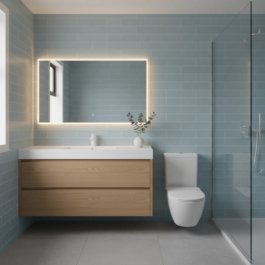 Light blue tiled bathroom balanced with warm wood vanity