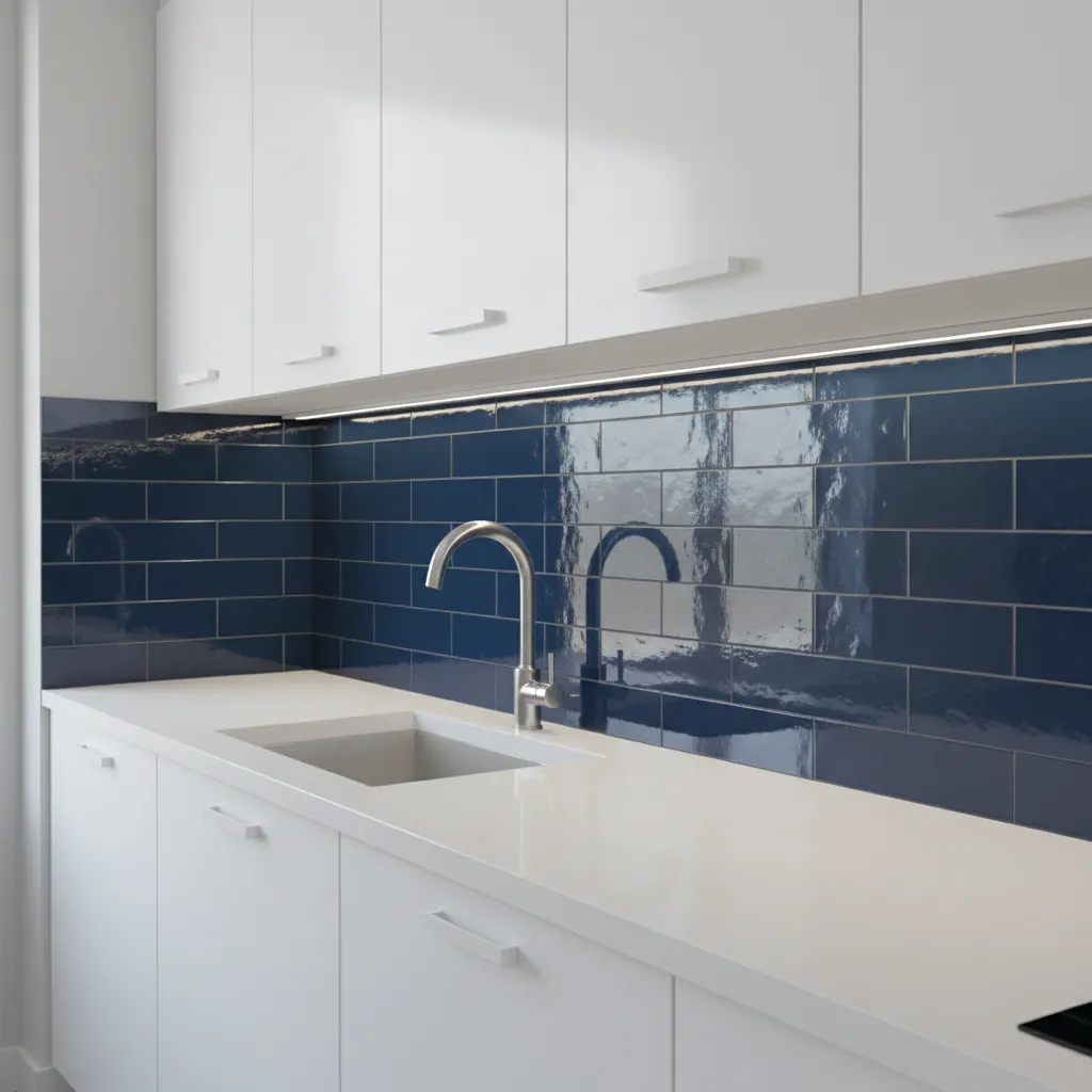 modern kitchen backsplash with blue ceramic tiles