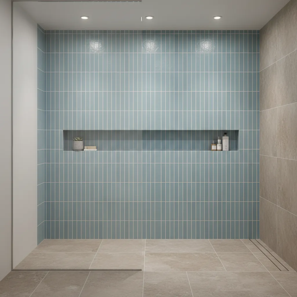 Walk in shower with light blue tile feature wall