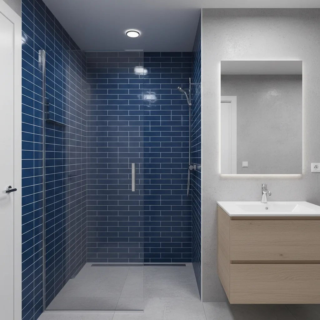 Small shower area with glossy blue tiles reflecting light
