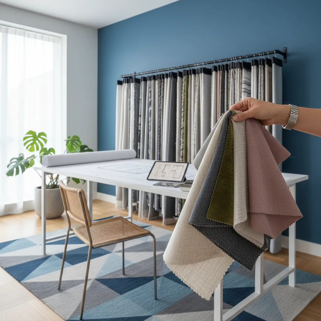 Fabric curtain samples placed against blue wall to test undertones