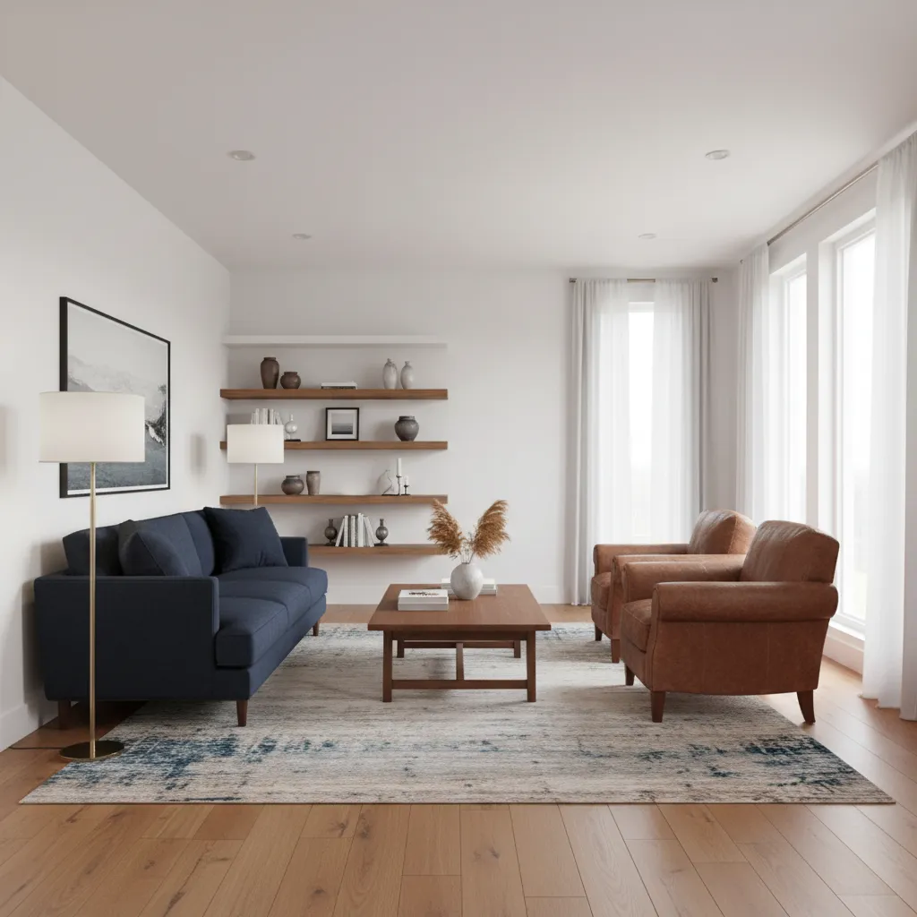blue white and brown living room with leather chair wood table and navy sofa
