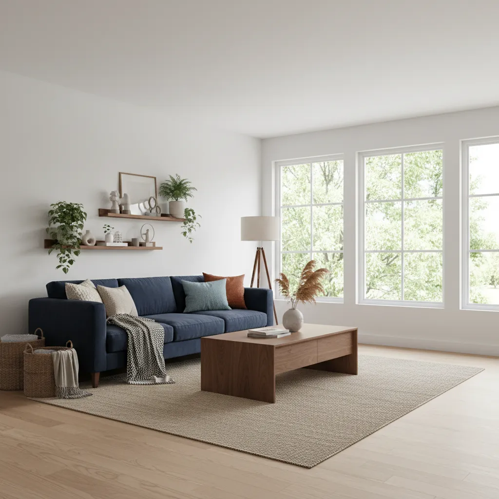 Furniture and Material Guide for Blue White and Brown Living Rooms