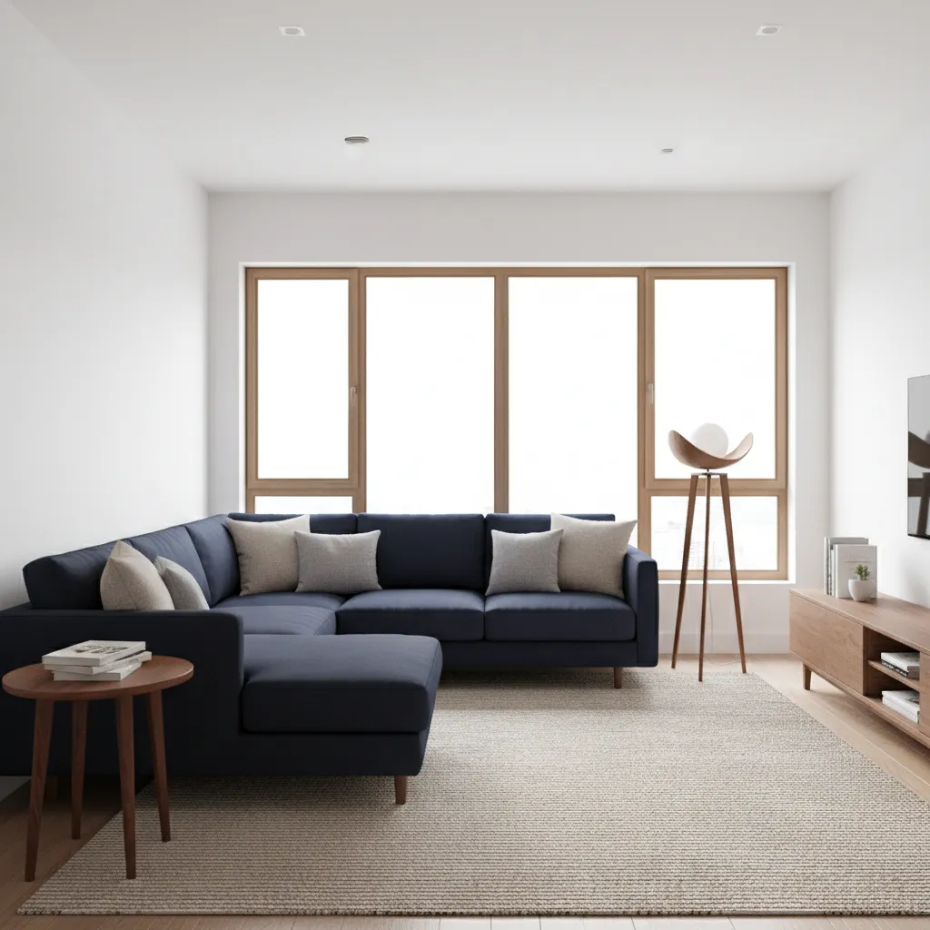 living room showing blue sofa white walls and warm wood furniture
