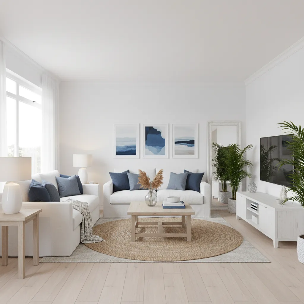 bright blue and white living room with white sofa navy accents and minimal decor