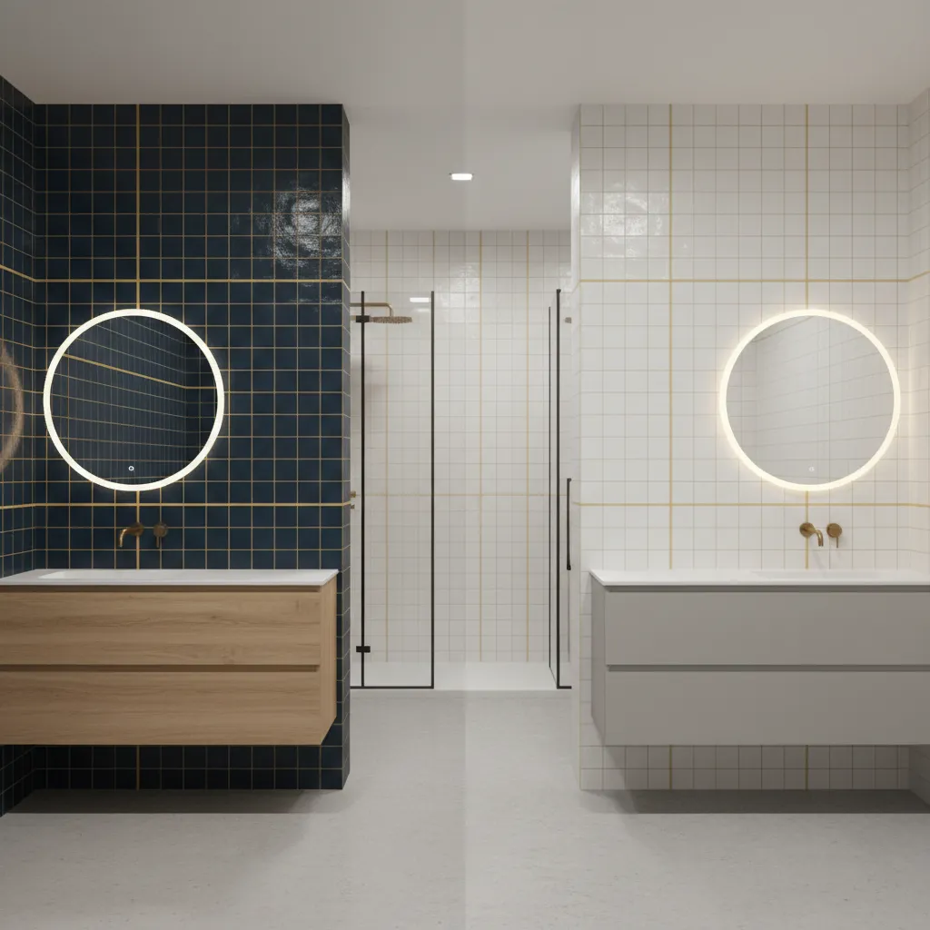 comparison of harmonious navy mustard bathroom palette